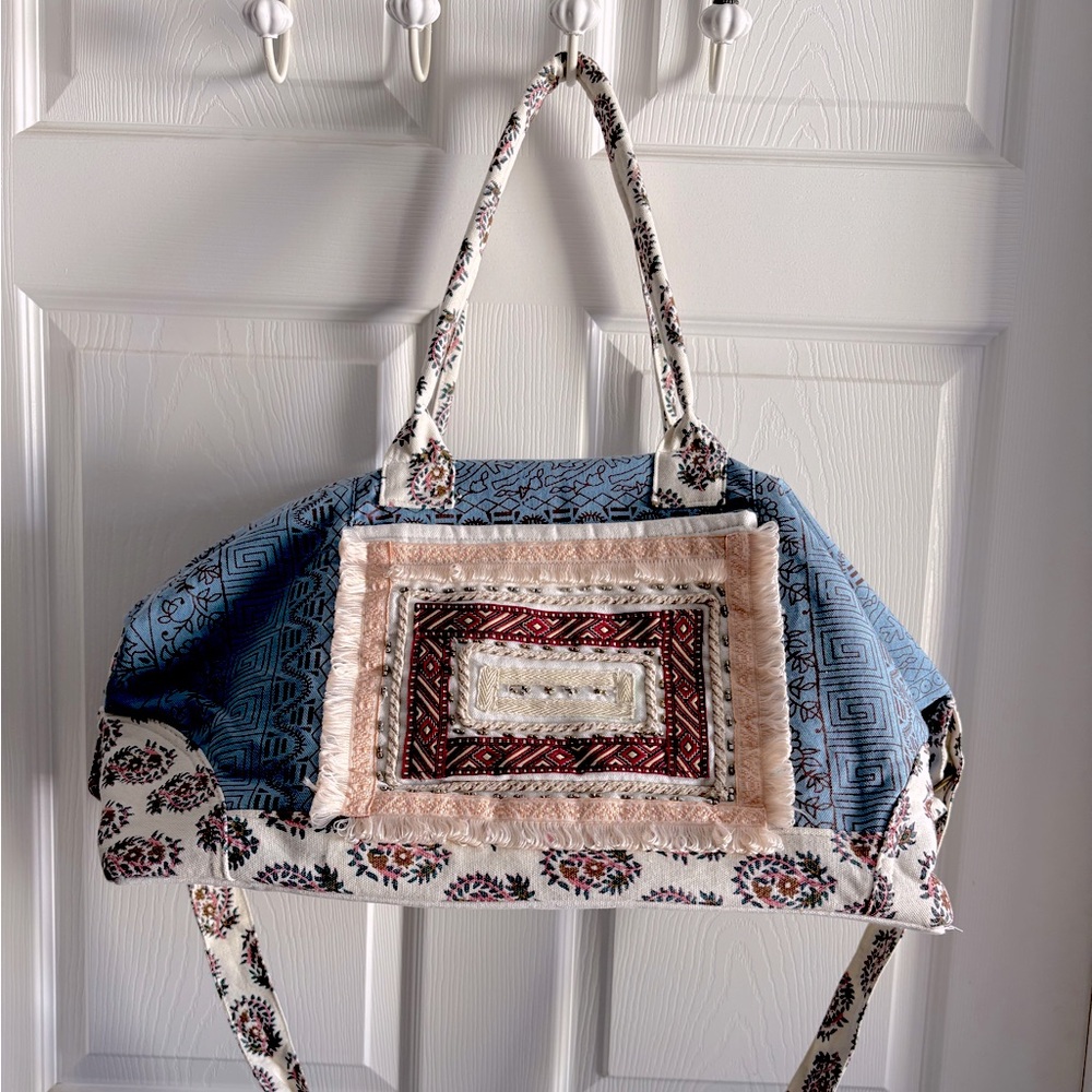 Anthropologie Bohemian Blue and Cream Tote Bag - Picture 2 of 7